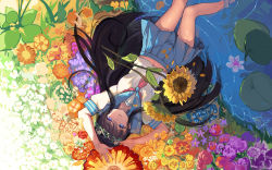 Rule 34 | 1girl, absurdres, arms up, baisi shaonian, black hair, blue eyes, blue skirt, flower, from above, hair between eyes, hair flower, hair ornament, head wreath, highres, leaf, lily pad, long hair, looking at viewer, lying, navel, neckerchief, on back, open mouth, original, partially submerged, plant, pleated skirt, ripples, sailor collar, school uniform, serafuku, short sleeves, skirt, sleeve cuffs, soaking feet, solo, sunflower, very long hair, wading, water