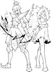 2girls absurdres adventure_time armor avatar:_the_last_airbender avatar_legends azula belt closed_mouth commentary crossover dress english_commentary fiery_hair flame_princess forehead_jewel frown full_body greyscale hair_bun hair_ornament highres kekel lightning long_hair long_sleeves looking_at_viewer monochrome multiple_girls serious sidelocks standing strapless strapless_dress very_long_hair