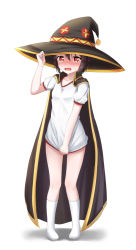 Rule 34 | 10s, 1girl, akira (been0328), bad id, bad pixiv id, black hair, blush, cape, covering privates, covering crotch, embarrassed, full-face blush, full body, gym uniform, hand on headwear, hat, highres, kneehighs, kono subarashii sekai ni shukufuku wo!, megumin, no pants, no shoes, open mouth, red eyes, shirt tug, short hair with long locks, socks, solo, standing, sweat, white socks, witch hat