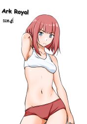 1girl ark_royal_(kancolle) armpits blue_eyes blush bra breasts character_name closed_mouth gym_shorts highres kantai_collection medium_breasts medium_hair midriff navel one-hour_drawing_challenge pink_hair red_shorts shorts signature solo sports_bra timestamp tsukino_murakumo underwear white_background white_bra