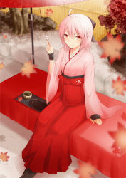 Rule 34 | 1girl, ahoge, blurry, blush, bow, closed mouth, dango, depth of field, fate/grand order, fate (series), female focus, food, food request, fuu (fuore), hair between eyes, hair bow, hakama, hakama skirt, highres, japanese clothes, kimono, koha-ace, leaf, long sleeves, looking at viewer, maple leaf, oil-paper umbrella, okita souji (fate), okita souji (koha-ace), pink eyes, pink hair, red eyes, short hair, sitting, skirt, smile, solo, traditional clothes, umbrella, wagashi, wide sleeves