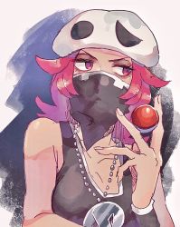 Rule 34 | 1girl, collarbone, commentary request, creatures (company), facial mask, fingernails, game freak, hand up, hanenbo, hat, highres, holding, holding poke ball, jewelry, long hair, looking to the side, necklace, nintendo, pink eyes, pink hair, poke ball, poke ball (basic), pokemon, pokemon sm, solo, spread fingers, team skull grunt, white hat