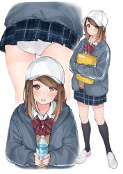Rule 34 | 1girl, baseball cap, black socks, blue jacket, blue sky, blush, book, bottle, bow, bowtie, brown eyes, brown hair, brown vest, closed mouth, collared shirt, commentary request, diagonal-striped bow, diagonal-striped bowtie, diagonal-striped clothes, hat, highres, holding, holding book, holding bottle, hood, hooded track jacket, jacket, kneehighs, long hair, long sleeves, looking at viewer, manager, miniskirt, multiple views, open clothes, open jacket, open mouth, original, panties, pantyshot, plaid, plaid skirt, pleated skirt, red bow, red bowtie, sakura no tomoru hi e, school uniform, shirt, shoes, skirt, sky, smile, sneakers, socks, sports drink, standing, striped, striped clothes, swept bangs, track jacket, underwear, vest, water bottle, white footwear, white headwear, white panties, white shirt