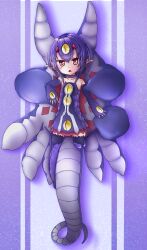 Rule 34 | 1girl, bare shoulders, child, choker, colored sclera, commentary, desco (disgaea), detached sleeves, disgaea, dress, extra eyes, full body, gloves, hachimitsuneco, hair between eyes, highres, horns, jitome, looking at viewer, open mouth, pointy ears, purple background, purple dress, purple hair, purple sleeves, purple thighhighs, red eyes, red horns, short hair, simple background, sleeves past wrists, slit pupils, tail, tentacles, thighhighs, yellow sclera