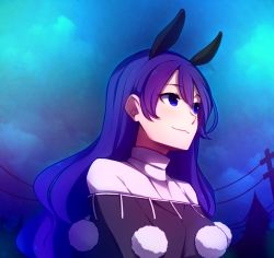 Rule 34 | 1girl, :3, alternate hair length, alternate hairstyle, animal ears, blue eyes, commentary, doremy sweet, english commentary, extra ears, hair between eyes, long hair, looking away, night, no headwear, outdoors, pom pom (clothes), power lines, purple hair, smile, solo, speckticuls, tapir ears, touhou, upper body, wavy hair