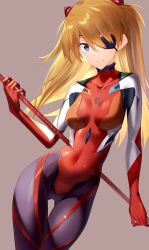 Rule 34 | 1girl, absurdres, blue eyes, bodysuit, breasts, collarbone, curvy, evangelion: 3.0 you can (not) redo, eyepatch, hair between eyes, hair ornament, highres, holding, holding weapon, interface headset, kei (soundcross), lance of longinus (evangelion), looking at viewer, medium breasts, navel, neon genesis evangelion, orange hair, plugsuit, polearm, rebuild of evangelion, shiny clothes, simple background, skin tight, smile, solo, souryuu asuka langley, spear, standing, twintails, upper body, weapon