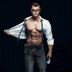 Rule 34 | 1boy, abs, belt, black belt, black hair, black pants, body markings, card, chamber (valorant), closed mouth, earrings, glasses, highres, holding, holding card, huntang513, jewelry, large pectorals, male focus, muscular, muscular male, navel, necktie, open belt, open clothes, open shirt, pants, pectorals, shirt, short hair, solo, undercut, undone necktie, valorant, white shirt