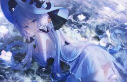 Rule 34 | 1girl, achiki, azur lane, backless dress, backless outfit, bare back, bare shoulders, blue gemstone, breasts, closed mouth, cross, dress, elbow gloves, flower, gem, gloves, hair flower, hair ornament, hat, illustrious (azur lane), large breasts, light smile, looking at viewer, looking back, low twintails, lying, mole, mole under eye, official art, on stomach, purple eyes, smile, twintails, white dress, white flower, white gloves, white hair, white hat