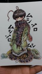 Rule 34 | 1other, androgynous, animal request, antennae, brown hair, closed mouth, green sweater, highres, long sleeves, looking at viewer, original, photo (medium), shima (wansyon144), solo, sweater, tentacles, traditional media