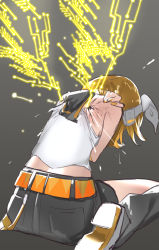 Rule 34 | 1girl, artificial wings, back, bare shoulders, belt, blonde hair, bow, circuit, cracked skin, crop top, energy wings, hair bow, hand on own shoulder, hand on own stomach, headphones, headset, hidden face, kagamine rin, kneeling, leg warmers, nail polish, sailor collar, sawashi (ur-sawasi), self hug, shirt, shoes, short hair, shorts, sleeveless, sleeveless shirt, solo, sparks, vocaloid, yellow nails