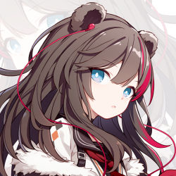 Rule 34 | 1girl, animal ears, arknights, bear ears, blue eyes, brown hair, earphones, fur trim, long hair, looking at viewer, looking to the side, multicolored hair, necktie, off shoulder, parted lips, portrait, quan (kurisu tina), red necktie, sailor collar, shirt, solo, streaked hair, white shirt, zima (arknights), zoom layer