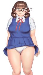 Rule 34 | 1girl, arms at sides, black-framed eyewear, blue dress, blush, breasts, brown eyes, brown hair, character request, commentary request, copyright request, dress, drill hair, feet out of frame, glasses, gluteal fold, hair ornament, hairclip, highres, kurowa-san (orizen), large breasts, medium breasts, medium hair, neck ribbon, open mouth, orizen, panties, plump, ribbon, sanpaku, shirt, short sleeves, simple background, solo, standing, tareme, thick thighs, thighs, underwear, white background, white panties, white shirt, wing collar
