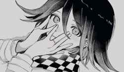 Rule 34 | 1boy, blood, closed mouth, danganronpa (series), danganronpa v3: killing harmony, expressionless, flipped hair, grey background, greyscale, hair between eyes, hands on own face, injury, looking at viewer, male focus, moi03 moi08, monochrome, oma kokichi, pink blood, portrait, ringed eyes, short hair, sketch, solo, spot color