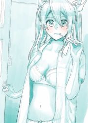 Rule 34 | 1girl, alternate costume, aqua theme, blush, bra, breasts, brushing teeth, cleavage, closed mouth, collarbone, collared shirt, door, doorknob, hair between eyes, hair ribbon, highres, kantai collection, long hair, looking at viewer, monochrome, multiple monochrome, navel, open clothes, open shirt, ribbon, see-through, shirt, short sleeves, sidelocks, solo, tone (kancolle), toothbrush, twintails, underwear, upper body, yami (m31)