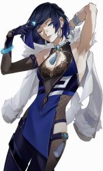 Rule 34 | 1girl, absurdres, armpits, arms up, bare shoulders, black gloves, blue eyes, blue hair, breasts, cleavage, coat, dice, earrings, elbow gloves, eyebrows hidden by hair, fingerless gloves, genshin impact, gloves, highres, holding, holding dice, jewelry, looking at viewer, one eye closed, roru (lol dessin), short hair, simple background, smile, solo, white background, white gloves, yelan (genshin impact)