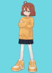 Rule 34 | 1girl, absurdres, ahoge, black skirt, blue background, blue eyes, blush, brown hair, crossed arms, full body, highres, long sleeves, nuri (yoon cook), original, pantyhose, pleated skirt, pout, shoes, short hair, simple background, skirt, sneakers, solo, sweater, white pantyhose, yellow footwear, yellow sweater, yoon cook