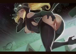 Rule 34 | 1girl, after vaginal, aftersex, alternate costume, ass, ass cutout, ass grab, back cutout, bent over, black bodysuit, black footwear, blonde hair, blush, bodysuit, boots, breasts, breasts out, cat helmet, cat tail, catsuit, clothing cutout, commentary, cum, cum in pussy, cumdrip, curvy, dark-skinned female, dark nipples, dark skin, deep skin, english commentary, from behind, goggles, goggles on head, gravity daze, gravity daze 2, hand on own ass, helmet, high heel boots, high heels, highres, huge ass, jumping, kitten (gravity daze), letterboxed, lips, long hair, looking at viewer, looking back, medium breasts, naughty face, night, nipples, no panties, nyantcha, one eye closed, ponytail, pussy, red eyes, shiny clothes, shiny skin, sky, solo, star (sky), starry sky, sweat, tail, thigh boots, thighhighs, uncensored, wink
