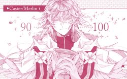 Rule 34 | 1boy, arrow (symbol), character name, closed mouth, closed eyes, facing viewer, fate/grand order, fate (series), fingernails, gameplay mechanics, highres, holding, holy grail (fate), long hair, male focus, merlin (fate), messy hair, mizuki (mz), monochrome, pink theme, robe, smile, solo, upper body