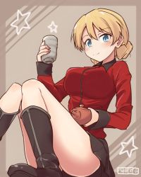 Rule 34 | 10s, 1girl, artist name, black footwear, black skirt, blonde hair, blue eyes, boots, braid, cbgb, closed mouth, cup, darjeeling (girls und panzer), epaulettes, girls und panzer, holding, invisible chair, jacket, light smile, long sleeves, looking at viewer, military, military uniform, miniskirt, pleated skirt, red jacket, short hair, signature, sitting, skirt, solo, st. gloriana&#039;s military uniform, star (symbol), teacup, teapot, thighs, twin braids, uniform