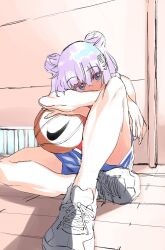 Rule 34 | 1girl, anima lyon, arm rest, ball, basketball (object), basketball uniform, blue eyes, blue shorts, covered mouth, double bun, full body, hair bun, head on arm, head tilt, highres, indie virtual youtuber, knee up, looking at viewer, nike (company), on floor, purple hair, red tank top, sadamoto hokuto, shoes, short shorts, shorts, sitting, sneakers, solo, sportswear, tank top, virtual youtuber, white footwear