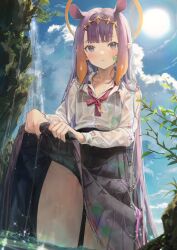 Rule 34 | 1girl, black bra, black skirt, blue eyes, blush, bra, cloud, commentary, day, diamond hairband, douya (233), hololive, hololive english, looking at viewer, mole, mole under eye, multicolored hair, neckerchief, ninomae ina&#039;nis, orange hair, outdoors, parted lips, pleated skirt, pointy ears, purple hair, red neckerchief, sample watermark, school uniform, see-through, shirt, skirt, skirt hold, solo, sun, symbol-only commentary, tentacle hair, thighs, two-tone hair, underwear, virtual youtuber, wading, water drop, watermark, wet, wet clothes, white shirt, wringing clothes