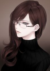 Rule 34 | 1girl, brown hair, closed mouth, earrings, erise, eyelashes, glasses, gradient background, grey eyes, hair over one eye, highres, jewelry, long hair, looking at viewer, original, portrait, simple background, solo