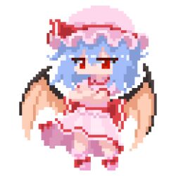 Rule 34 | 1girl, bat wings, chinese commentary, commentary request, crossed arms, dress, full body, hat, hat ribbon, hong yin, looking at viewer, medium hair, mob cap, no mouth, no nose, pink dress, pink hat, pixel art, purple hair, red eyes, red ribbon, remilia scarlet, ribbon, short sleeves, simple background, solo, standing, touhou, white background, wings