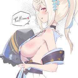 Rule 34 | 1girl, areola slip, black choker, black kimono, black skirt, blonde hair, blue hair, blue kimono, blush, breasts, choker, detached sleeves, english text, frilled kimono, frills, from side, fuwawa abyssgard, fuwawa abyssgard (new year), hair ornament, heart, highres, holoadvent, hololive, hololive english, japanese clothes, kanzashi, kimono, kimono pull, large breasts, long hair, looking at viewer, multicolored clothes, multicolored hair, multicolored kimono, nnnhan 99, no bra, official alternate costume, official alternate hairstyle, pink eyes, ponytail, profile, red eyes, sideboob, sideless kimono, sideways glance, single detached sleeve, skirt, sleeveless, sleeveless kimono, sleeves past fingers, sleeves past wrists, smile, solo, spoken heart, streaked hair, upper body, virtual youtuber, white kimono