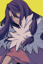 Rule 34 | 1boy, asada hachi, banned artist, cloak, commentary, dr. stone, facial mark, fur trim, hair between eyes, highres, long hair, looking at viewer, male focus, parted lips, purple hair, red cloak, shishiou tsukasa, simple background, solo, twitter username, upper body, watermark, yellow background, yellow eyes