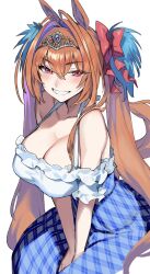 Rule 34 | 1girl, animal ears, blue skirt, blush, bow, breasts, cleavage, collarbone, daiwa scarlet (umamusume), hair between eyes, hair bow, highres, horse ears, horse girl, horse tail, large breasts, long hair, looking at viewer, nonco, plaid, plaid skirt, red eyes, red hair, simple background, sitting, skirt, smile, solo, tail, tiara, twintails, umamusume, white background