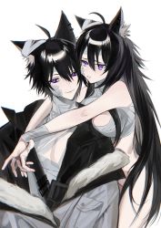 Rule 34 | 1boy, 1girl, ahoge, animal ear fluff, animal ears, bandaged chest, bandaged ear, bandaged neck, bandaged wrist, bandages, bandaid, bandaid on cheek, bandaid on face, black shirt, bottomless, breasts, cat boy, cat ears, cat girl, closed mouth, convenient censoring, earrings, fang, fang out, fur-trimmed jacket, fur trim, grey jacket, hair between eyes, heads together, highres, hug, hug from behind, injury, jacket, jewelry, large breasts, long hair, long sleeves, looking at viewer, looking away, naked bandage, original, outstretched arms, own hands together, pectorals, pout, purple eyes, shirt, short hair, simple background, skin fang, smile, spleen211, symbol-only commentary, very long hair, white background