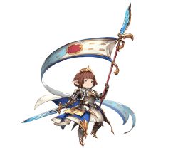 Rule 34 | 1girl, armor, blue eyes, bridgette (granblue fantasy), brown hair, flag, full body, gold footwear, granblue fantasy, harvin, hat, holding, holding flag, holding sword, holding weapon, looking away, minaba hideo, official art, pointy ears, short hair, solo, sword, transparent background, weapon