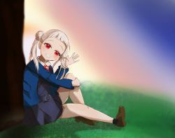 Rule 34 | 1girl, arashi chisato, artist name, artist request, bare legs, belt, black socks, blue cardigan, blue jacket, blush, bow, bowtie, breasts, brown footwear, buttons, cardigan, close-up, collared shirt, cropped jacket, double bun, dress, dress shirt, female focus, full body, grass, grey belt, grey shirt, grey skirt, hair bun, hair tie, hand on own leg, hand wave, highres, jacket, knees up, long hair, long sleeves, looking at viewer, love live!, love live! superstar!!, miniskirt, neck ribbon, o-ring, o-ring belt, on grass, outdoors, parted lips, plaid, plaid skirt, pleated, pleated skirt, red bow, red eyes, red ribbon, ribbon, school uniform, shirt, shoes, sitting, skirt, small breasts, smile, socks, solo, teeth, twintails, white hair, white shirt, wing collar, yuigaoka school uniform
