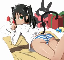Rule 34 | 1girl, aiueo, animal ears, ass, black hair, blush, cake, cat ears, cat tail, charlotte e. yeager, food, francesca lucchini, gift, green eyes, long hair, looking back, lying, panties, silhouette demon, strike witches, striped clothes, striped panties, tail, trefoil, twintails, underwear, world witches series