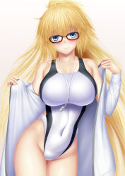 Rule 34 | 1girl, bad id, bad pixiv id, bespectacled, black-framed eyewear, blonde hair, blue eyes, breasts, competition swimsuit, covered navel, cowboy shot, fate/grand order, fate (series), glasses, highleg, highleg swimsuit, highres, jacket, jeanne d&#039;arc (fate), jeanne d&#039;arc (ruler) (fate), jeanne d&#039;arc (swimsuit archer) (fate), jeanne d&#039;arc (swimsuit archer) (second ascension) (fate), large breasts, long hair, masatoki, one-piece swimsuit, solo, swimsuit, track jacket, whistle, whistle around neck, white jacket, white one-piece swimsuit