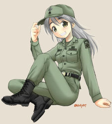 Rule 34 | 1970s, 1girl, 82nd airborne, adjusting clothes, adjusting headwear, boots, brown background, brown eyes, combat boots, ebifly, emblem, full body, hat, long hair, long sleeves, looking at viewer, military, military hat, military rank insignia, military uniform, original, revision, silver hair, simple background, sitting, solo, twitter username, uniform, united states army