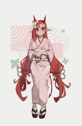 Rule 34 | :d, absurdres, arknights, blush, character name, clover, flower, four-leaf clover, full body, geta, grin, hair flower, hair ornament, highres, horns, japanese clothes, kimono, long hair, long sleeves, looking at viewer, low-tied long hair, low twintails, okobo, open mouth, parted lips, pink kimono, ponytail, red eyes, red hair, sandals, smile, standing, tabi, tassel, togekk0, twintails, very long hair, vigna (arknights), white flower, yukata
