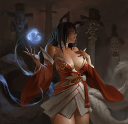 Rule 34 | 1girl, absurdres, ahri (league of legends), animal ear fluff, animal ears, bangku an, bare shoulders, black hair, breasts, cleavage, commentary, cowboy shot, cross, dark background, detached sleeves, dress, energy, energy ball, facial mark, fingernails, floating, floating object, fox ears, fox girl, fox tail, glowing, hand on own chest, highres, large breasts, league of legends, long hair, looking to the side, magic, multiple tails, parted lips, red dress, solo, standing, tail, wide sleeves, yellow eyes
