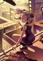 Rule 34 | 1girl, animal ears, arknights, boom microphone, building, camera lens, china dress, chinese clothes, city, dress, eyewear on head, feater (arknights), grey hair, grin, highres, multicolored hair, on roof, one eye closed, panda ears, shoes, smile, sneakers, solo, squatting, streaked hair, sunglasses, tomo tomodo, twilight, twintails, v