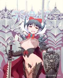 Rule 34 | 1girl, armor, bare shoulders, blue hair, blush, bow, breasts, brown eyes, corset, gloves, hair bow, harem gain, highres, horns, knight, large breasts, midriff, mole, nipples, official art, open mouth, see-through, shield, smile, sword, thighhighs, watermark, weapon, zasha