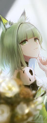 Rule 34 | 1girl, animal ear fluff, animal ears, arknights, bare shoulders, blunt bangs, blurry, blurry foreground, bouquet, breasts, cat ears, closed mouth, depth of field, dqn (dqnww), dress, flower, green dress, green hair, hand on own chin, highres, kal&#039;tsit (arknights), long hair, material growth, oripathy lesion (arknights), rose, simple background, small breasts, smile, solo, upper body, white background, white flower, white rose