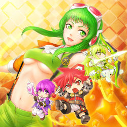 Rule 34 | 1boy, 3girls, aisha landar, bow (weapon), breasts, chibi, crossover, elsword, elsword (character), goggles, goggles on head, grand archer (elsword), green eyes, green hair, gumi, hair tubes, headphones, knight (elsword), long hair, magician (elsword), gumi (v3 megpoid), midriff, misawa kei, multiple girls, navel, open mouth, pointy ears, purple eyes, purple hair, red eyes, red hair, rena erindel, short hair, staff, suspenders, underboob, vocaloid, weapon