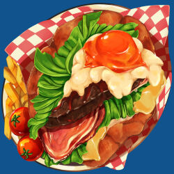 Rule 34 | blue background, burger, egg (food), food, food focus, french fries, haruka (pixiv 5761359), lettuce, meat, no humans, original, plate, simple background, still life, tomato
