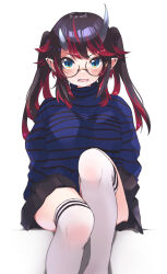 Rule 34 | 1girl, absurdres, alternate costume, alternate hairstyle, black hair, black skirt, blue eyes, blue sweater, blush, breasts, brown-framed eyewear, commentary request, demon girl, demon horns, feet out of frame, glasses, highres, horns, invisible chair, large breasts, long hair, looking at viewer, miniskirt, multicolored hair, nanashi inc., open mouth, pointy ears, red hair, round eyewear, ryugasaki rene, simple background, sitting, skirt, solo, striped clothes, striped sweater, sugar lyric, sweater, thighhighs, twintails, two-tone hair, virtual youtuber, white background, white thighhighs, zono (inokura syuzo029)