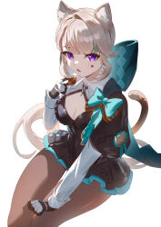 Rule 34 | 1girl, animal ear fluff, animal ears, black capelet, black dress, breasts, brown pantyhose, capelet, cat ears, cat tail, cleavage, commentary request, dress, food, genshin impact, grey hair, highres, holding, holding food, long hair, long sleeves, looking at viewer, lynette (genshin impact), medium breasts, naeeeegi, pantyhose, parted lips, purple eyes, short dress, simple background, sitting, solo, tail, very long hair, white background