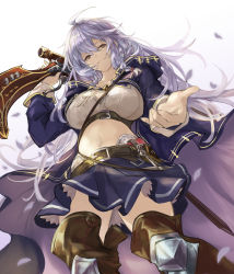 Rule 34 | 1girl, ahoge, belt, blue skirt, braid, breasts, brown belt, brown footwear, cleavage, closed mouth, commentary request, crop top, from below, granblue fantasy, gun, hair between eyes, highres, large breasts, long hair, midriff, navel, nos, outstretched hand, rifle, silva (granblue fantasy), silver hair, skirt, sniper rifle, thighs, twin braids, wavy hair, weapon, white background, yellow eyes