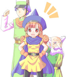 Rule 34 | 1girl, alena (dq4), breasts, brey, cape, clift, closed mouth, commentary request, curly hair, dragon quest, dragon quest iv, gloves, hat, long hair, looking at viewer, multiple boys, oigen (artist), orange hair, pantyhose, skirt, yellow skirt