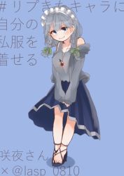 Rule 34 | 1girl, bad id, bad twitter id, bare shoulders, blue background, blue eyes, blue skirt, bow, braid, collarbone, gem, green bow, grey hair, grey jacket, grey tank top, hair bow, high heels, izayoi sakuya, jacket, jewelry, laspberry., long sleeves, looking at viewer, maid headdress, necklace, sandals, simple background, skirt, smile, tank top, toes, touhou, translation request, twin braids