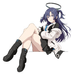 Rule 34 | 1girl, bad anatomy, black footwear, black skirt, blue archive, blue necktie, blush, boots, breasts, closed mouth, collared shirt, crossed legs, formal, halo, highres, jacket, long hair, long sleeves, mechanical halo, medium breasts, necktie, pinakes, pleated skirt, purple eyes, purple hair, shirt, simple background, skirt, solo, suit, two-sided fabric, two-sided jacket, two side up, white background, white jacket, white shirt, yuuka (blue archive)