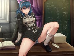 Rule 34 | 1girl, absurdres, black footwear, black gloves, blue eyes, blue hair, book, breasts, byleth (female) (fire emblem), byleth (fire emblem), cape, chalkboard, closed mouth, curtains, desk, evomanaphy, fire emblem, fire emblem: three houses, gloves, gluteal fold, hairband, half gloves, heart, highres, indoors, leg up, long sleeves, matching hair/eyes, medium breasts, medium hair, nintendo, panties, quill, shoes, sitting, smile, socks, solo, spread legs, striped clothes, striped panties, underwear, uniform, white socks